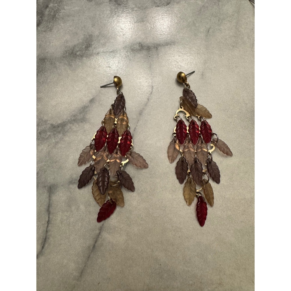 Vintage Boho Lucite Leaf Pink Tam Drop Dangle Pierced Earrings 3" No Back Caps